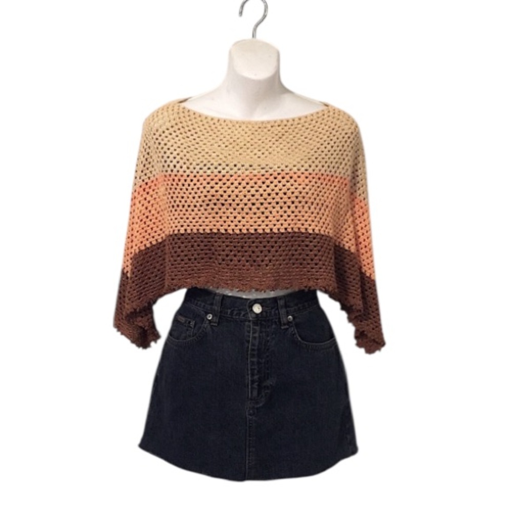 Crochet Vintage Top Tan Rust Orange Gold Color Block Festival Poncho Sweater